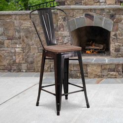 Flash Furniture Antique Metal Stool,24",Black CH-31320-24GB-BQ-WD-GG