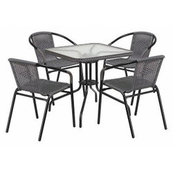 Flash Furniture Metal Table,Sqr w/Rattan Chairs,Gray,28" TLH-073SQ-037GY4-GG