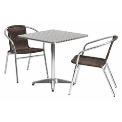 Flash Furniture Alum Table Set,Sqr w/2 Brn Chairs,27.5" TLH-ALUM-28SQ-020CHR2-GG