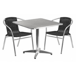 Alum Table Set,Sqr w/2 Blk Chairs,31.5"
