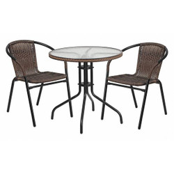 Flash Furniture Table Set,Rnd w/2 Rattan Chairs,Brn,28" TLH-087RD-037BN2-GG