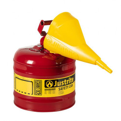 7120110 Justrite Type I Steel Safety Can for flammables, Funnel, 2 gallon, S/S flame arrester, Red
