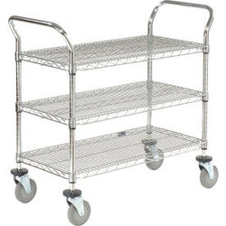Nexel 3 Shelf Utility Cart Chrome 60""W x 24""D x 39""H Poly Casters4 Swivel 2 B