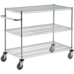 Nexel 3 Shelf Push Cart Chrome 36""W x 21""D x 40""H Poly Casters4 Swivel 2 Brak