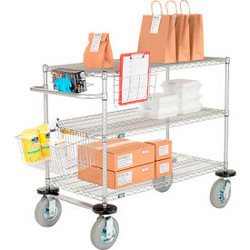 Nexel 3 Shelf Push Cart Chrome 48""W x 24""D x 43""H Pneumatic Casters2 Swivel 2