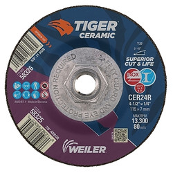 Tiger® Grinding Wheel, 4-1/2 in dia x 1/4 in Thick x 5/8 in-11 Arbor, 24 Grit, Ceramic Alumina, Type 27, 10 EA/BX