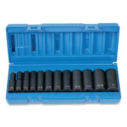 Impact Socket Set, 3/8 in Drive, SAE, 12-point, 5/16 in to 1 in, 12-Pc Deep Length