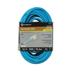 Extension Cord with Power Light Indicator, SJTW, 50 ft, 1 Outlet, Cool Blue