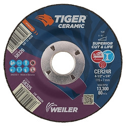 Tiger® Grinding Wheel, 4-1/2 in dia x 1/4 in Thick x 7/8 in Arbor, 24 Grit, Ceramic Alumina, Type 27, 10 EA/BX