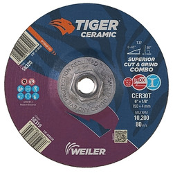 Tiger Ceramic Combo Wheels, 6 in Dia., 1/8 in Thick, 30 Grit, Ceramic Alumina
