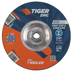 Tiger® Grinding Wheel, 7 in dia x 1/4 in Thick x 5/8 in-11 Arbor, 24 Grit, Zirconia Alumina/Ceramic, Type 27, 10 EA/PK Pack of 10
