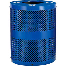 Global Industrial Outdoor Perforated Steel Recycling Can w/Flat Lid 36 Gallon Bl