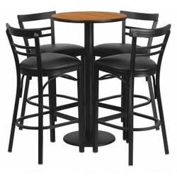 Flash Furniture Natural Bar Table,Rnd Base,Blk Seats,24" RSRB1035-GG
