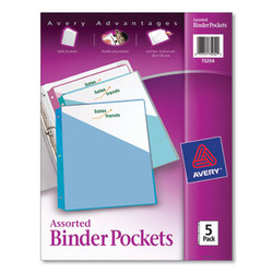 Avery® Binder Pockets, 3-Hole Punched, 9.25 x 11, Assorted Colors, 5/Pack 75254