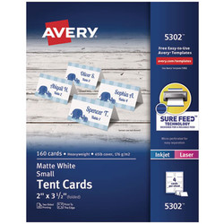 Avery® Small Tent Card, White, 2 X 3.5, 4 Cards/sheet, 40 Sheets/pack 05302