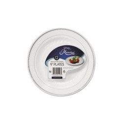 WNA Masterpiece Plastic Dinnerware, 9" Dia, White/silver, 10/pack RSMP91210WSLV