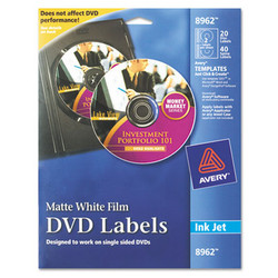 Avery® Inkjet Dvd Labels, Matte White, 20/pack 08962