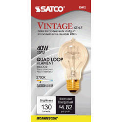 Satco 40W Clear Medium Edison A19 Incandescent Vintage Light Bulb S2412