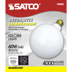 Satco 60W Frosted Soft White Medium Base G40 Incandescent Globe Light Bulb S3002