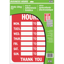 Hy-Ko Static Cling Sign, Business Hours KIT-603