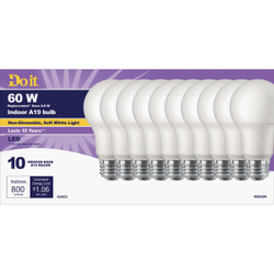 Do it 60W Equivalent Soft White A19 Medium LED Light Bulb, Title 20 (10-Pack)