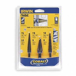 Irwin Step Drill Bit Set,Cobalt,1/8-3/4,3 pc.  10502cb