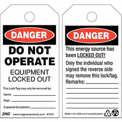 Zing Danger Tag,5-3/4 x 3 In,Plstc,OSHA,PK10 7010