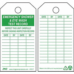Zing Emer Sh & Eye Wash Test Rcd Tag,PK10 7017