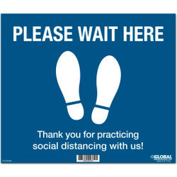 Global Industrial Blue Please Wait Here Floor Sign 14""W x 12""H Vinyl Adhesive