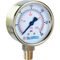 Global Industrial 2-1/2"" Pressure Gauge 300 PSI/KPA 1/4"" NPT LM Polished Brass