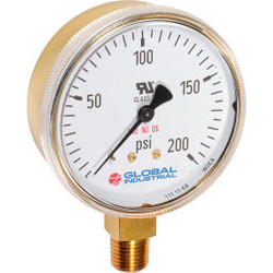 Global Industrial 2-1/2"" Compressed Gas Gauge 200 PSI 1/4"" NPT LM Polished Bra