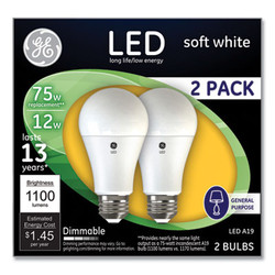 GE 75W LED Bulbs, A19, 12 W, Soft White, 2/Pack 93127324