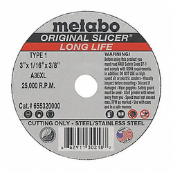 Metabo Cutting Wheel,T1,A36XL,3"X1/16"X3/8" 655320000