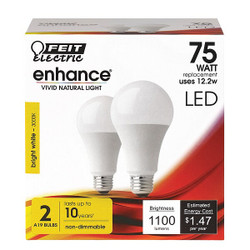 Feit Electric LED,12.2 W,A19,Medium Screw (E26),PK2 OM75/930CA10K/2