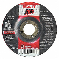 United Abrasives/Sait Abrasive Cut-Off Wheel,4-1/2in,60 Grit 20903