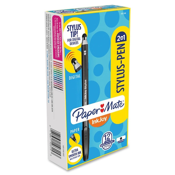 Paper Mate Pen/Stylus, Black, Rubber, 1/2, PK12 1951348