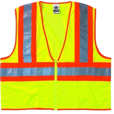 GloWear® Safety Vest, 8229Z, Two-Tone, Class 2, Type R, 1 Pocket, Reflective Strip, Zipper, Economy, Large/X-Large, Lime