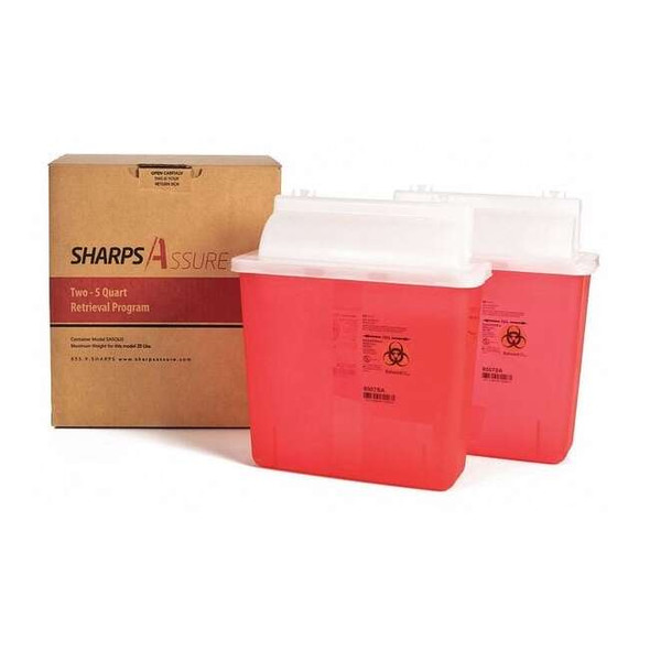 Sharps Container, 5 qt, Red, Snap Lid, Plastic, 10 in H x 5 in L (2 PK)
