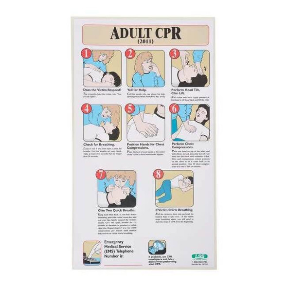 First Aid Poster, Adult CPR (2011), 19 1/2 in H x, 11 in W, Plastic