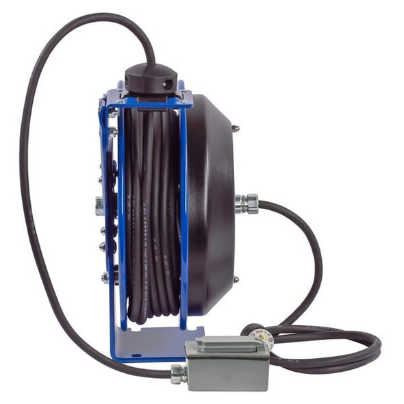 Cord Reel With Hand Lamp, Spring Retracted, NEMA 5-20R, 12 AWG, Blue Reel Color, 50 ft Length