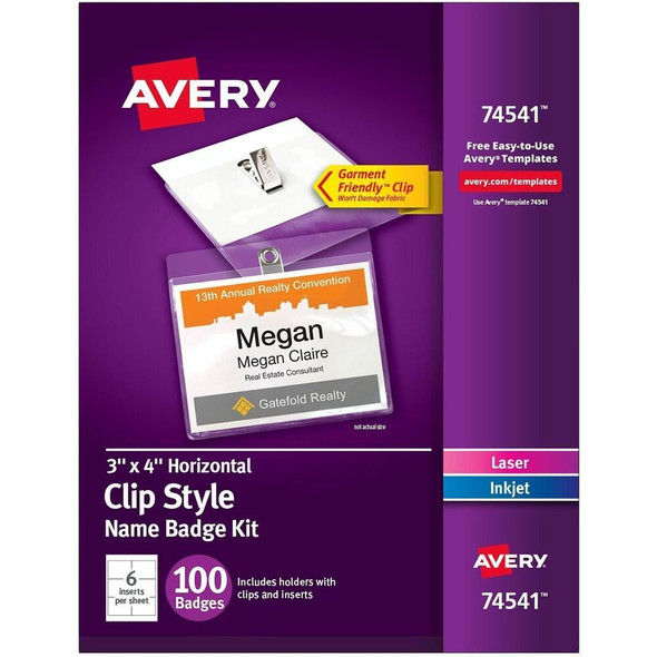 Avery&reg; Clip-Style Name Badges - 4" x 3" - Clip - White, Clear - 100 / Box