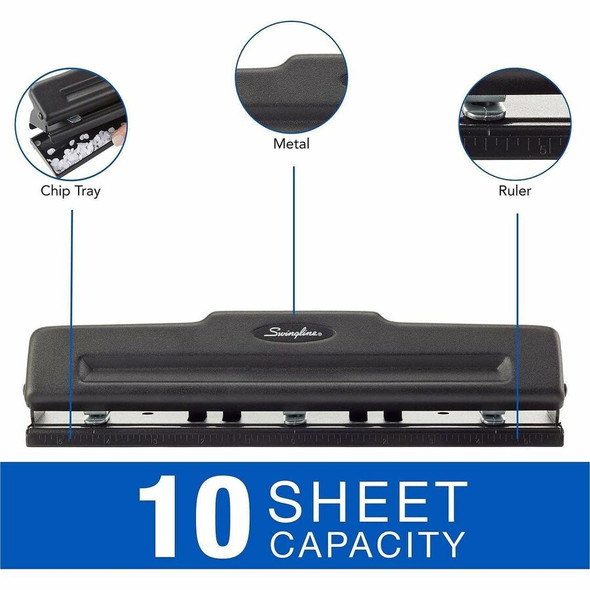 Swingline Light-Duty Punch - 3 Punch Head(s) - 10 Sheet - 9/32" Punch Size - Black