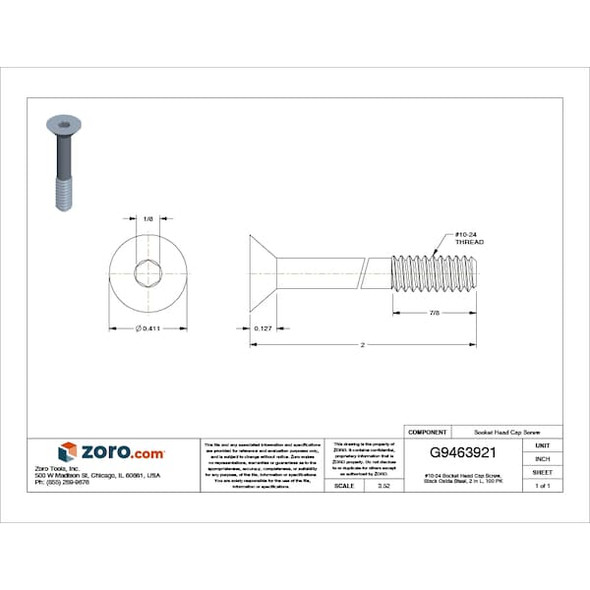 #10-24 Socket Head Cap Screw, Flat, Black Oxide Steel, 2 in Length, 100 PK
