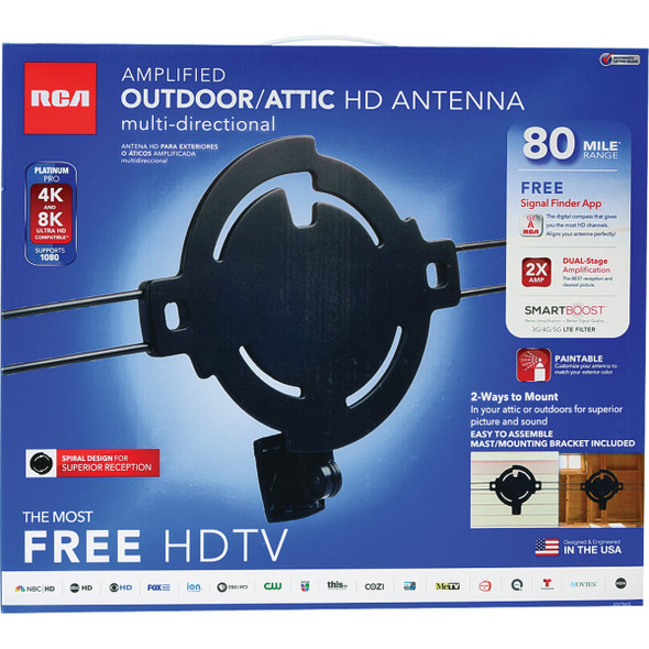 RCA Amplified Black Outdoor/Attic HD Multi-Directional Antenna ANT860E