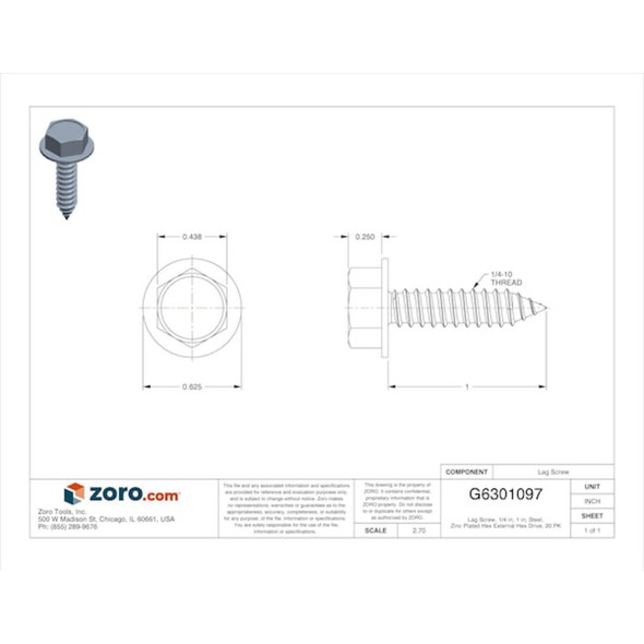 Lag Screw, 1-4 in, 1 in, Zinc Plated Steel, Hex Head External Hex Drive, 20 PK  SLFETW201