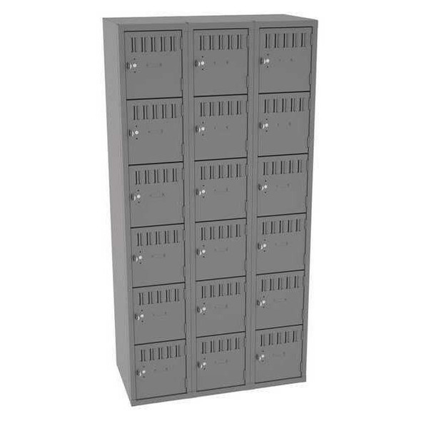 Box Locker, 36 in W, 18 in D, 72 in H, (3) Wide, (6) Tier, Gray