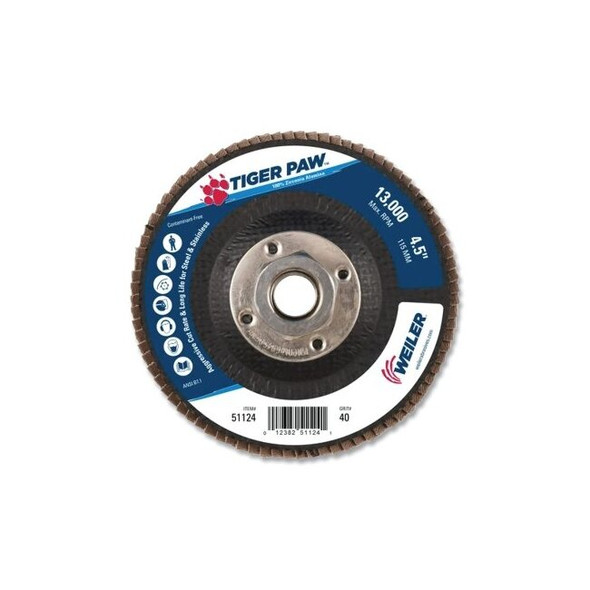 Tiger Paw™ TY29 Coated Abrasive Flap Disc, 4 -1/2 in dia, 40 Grit, 5/8 in-11, 13000 rpm