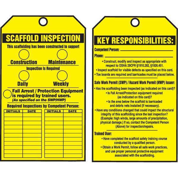 Tag, Scaffold, Cardstock, 6 1/4 in H x 3 in W, Yellow, Rectangle, 100 PK