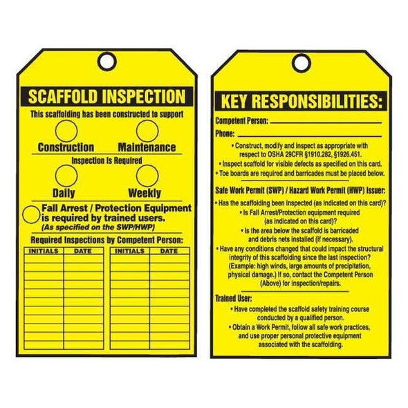 Tag, Scaffold, Cardstock, 6 1/4 in H x 3 in W, Yellow, Rectangle, 100 PK