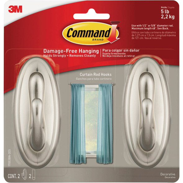Command Curtain Rod Hooks, 2 Hooks, 2 Strips 17053BN-2ES